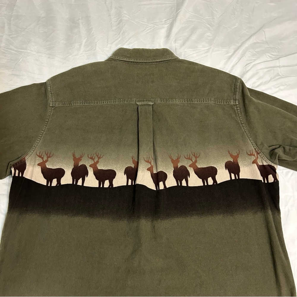 Vtg Woolrich Flannel Shirt Mens XL Olive Green Wrap Around Deer Print Chamois - Picture 4 of 7
